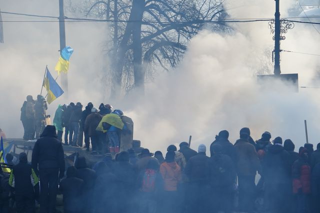 Kiev, en bas de la rue Grouchevski, principal point de contact entre manifestants et police