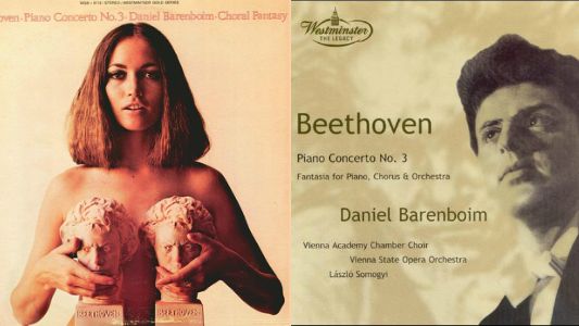 A gauche, la pochette originale du Concerto pour piano par Daniel Barenboïm. A droite, la pochette de la réédition.