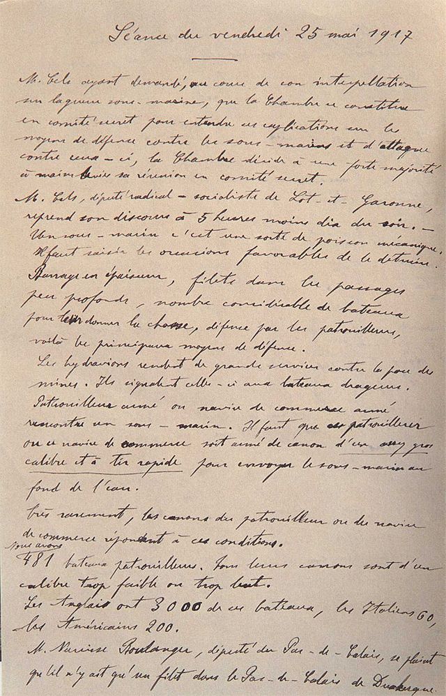 Notes prises par Georges Bonnefous de l'intervention de Jules Cels, nommé, en novembre 1917, sous-secrétaire d'État à la Marine