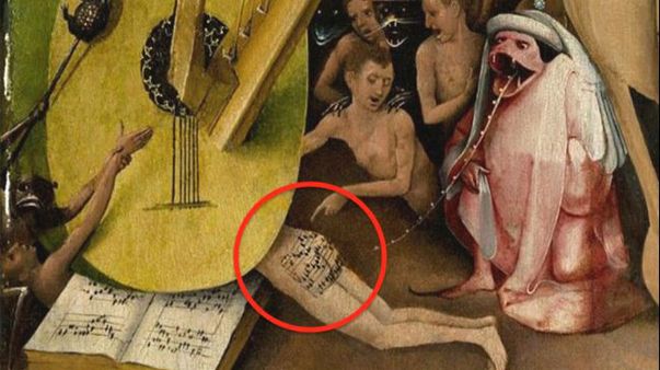 La partition est tatouée sur les fesses du pauvre supplicié, situé dans le panneau droit du tryptique de Jérôme Bosch. (DR)