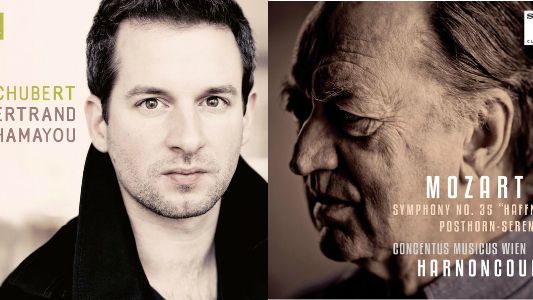 A gauche, la pochette du dernier disque de Bertrand Chamayou paru chez Erato. A droite, le dernier enregistrement de Nikolaus Harnoncourt chez Sony.