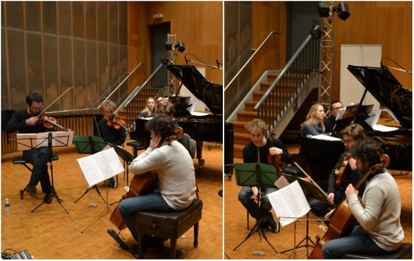 Enregistrement du 'Piano Quintet' de William Bolcom au studio 118 de Radio France. Musiciens : Anne de Fornel (piano), François Galichet & Jean-Louis Constant (violon), Sylvain Séailles (alto), Thomas Ravez (violoncelle) © Flora Sternadel