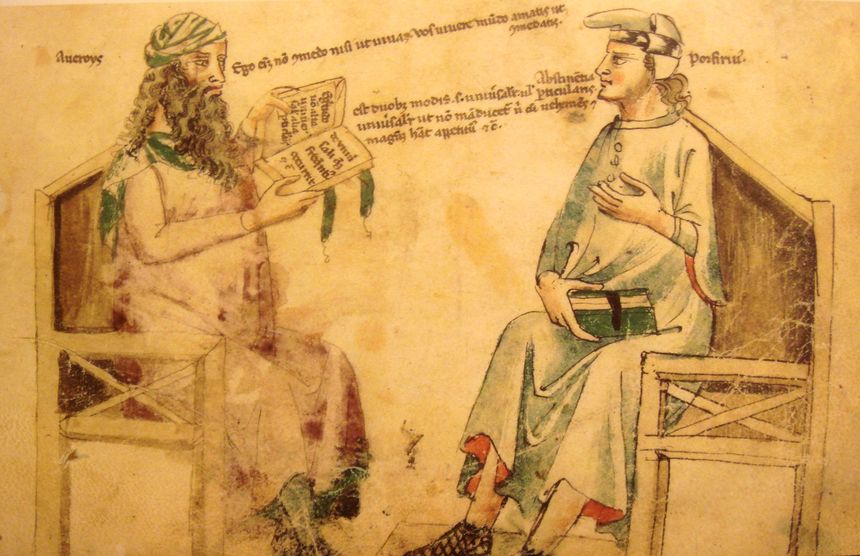 Débat imaginaire entre Averroès et Porphyre tiré du Liber de herbis de Monfredo de Monte Imperiali - XIVe siècle
