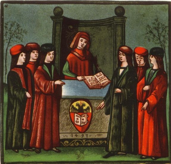 L'entrée d'étudiants dans la nation allemande de l'université de Bologne, la Natio Germanica Bononiae. Miniature de 1497