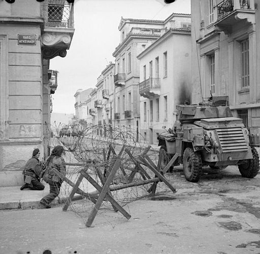 A Humber armoured car supports paratroops during operations against ELAS in Athens, 6 January 1945
