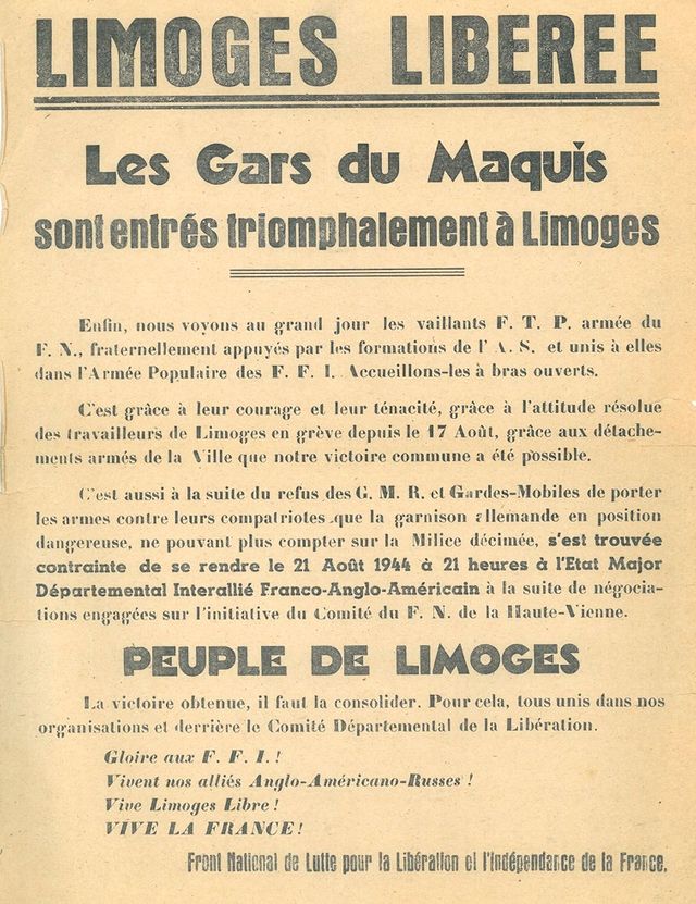 Affiche apposée à Limoges au lendemain de la libération de la ville par la Résistance le 21 août 1944