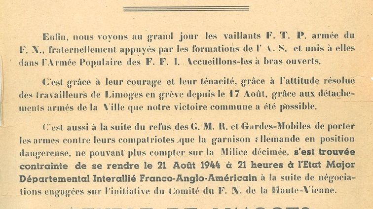 Affiche apposée à Limoges au lendemain de la libération de la ville par la Résistance le 21 août 1944