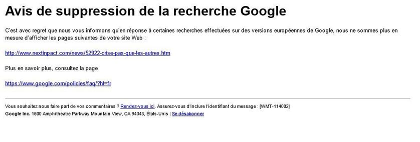 Avis de suppression d'une recherche Google