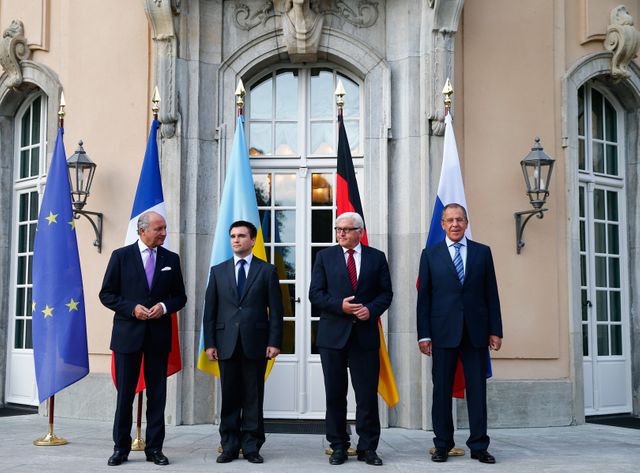 Laurent Fabius, Pavlo Klimkin, Frank-Walter Steinmeier, Sergei Lavrov à Berlin