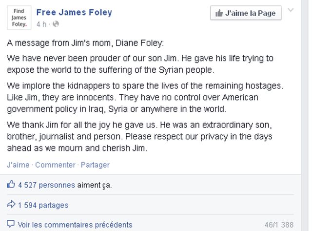 Le post Facebook du comité de soutien de James Foley, relayant le message de la mère du journaliste (copie d'écran).
