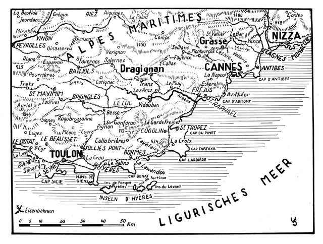 Une carte de l'armée allemande en août 1944, figurant les combats et les différents points de débarquement des Alliés.