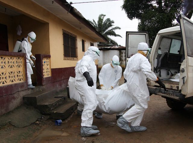 Des infirmiers libériens emportent un corps le 8 août, à Monrovia.