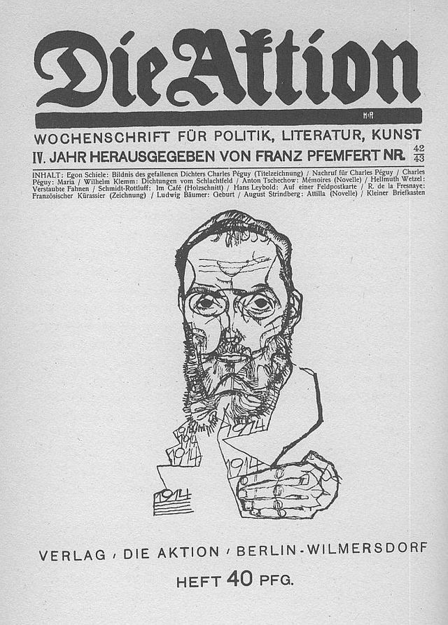 Charles Péguy dessiné par Egon Schiele sur la couverture de la revue "Die Aktion" en 1914