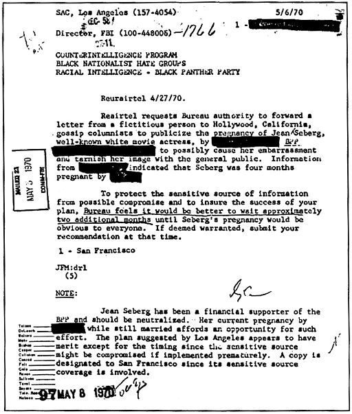 A COINTELPRO document outlining the FBI's plans to 'neutralize' Jean Seberg for her support for the Black Panther Party, 1970