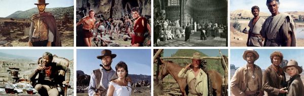 En haut : Le Bon, la Brute et le Truand - Le Colosse de Rhodes - Les derniers jours de Pompeï - Sodome et Gomorrhe // En bas : Il était une fois la révolution - Pour une poignée de dollars - Mon nom est Personne - Un Genie, deux associés, une cloche
