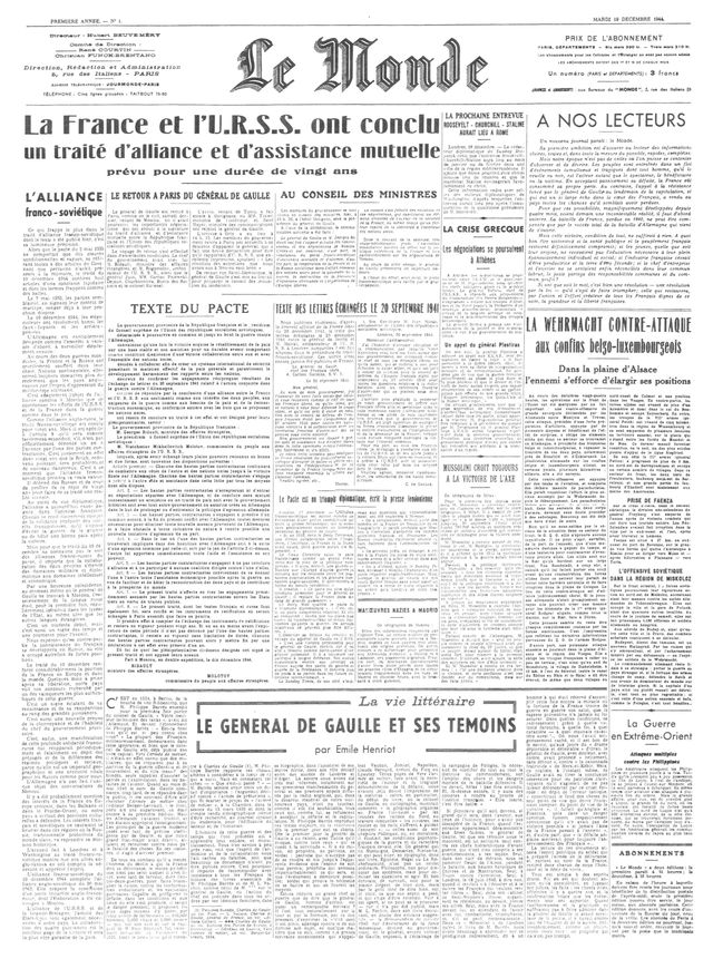 Premier numéro du journal « Le Monde » daté du 19 décembre 1944