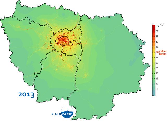 Carte de la pollution en Ile de France en 2013