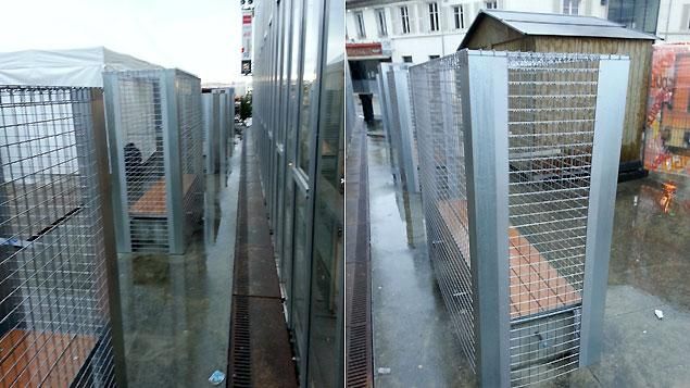 Les grillages disposés autour des neuf bancs.