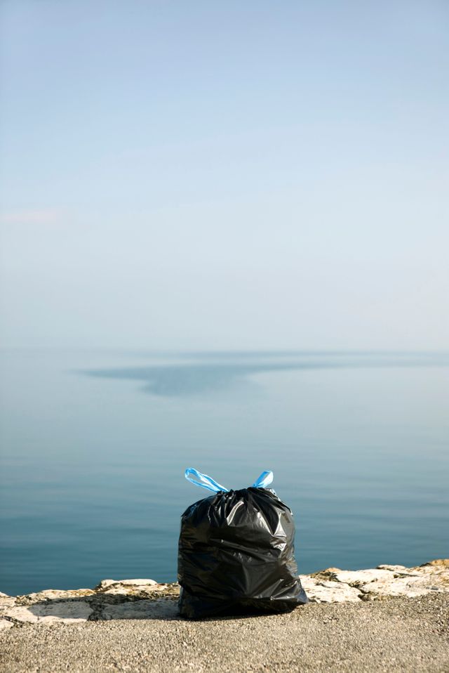 Un sac poubelle devant la mer