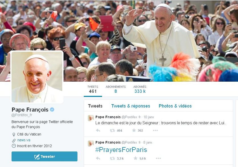 Capture d'écran, compte "Twitter" du Pape François, 12 janvier 2015