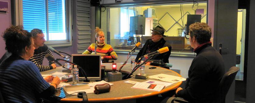 France Culture, studio 153 ... Aline Pailler, Karim Ressouni-Demigneux Marie Chassot, Michel Roger & Loïc Canitrot (de g. à d.)