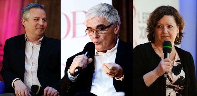Les invités de la table ronde Science publique à la Sorbonne. Gérard Dubey, Jean-Paul Laumond et Daniela Cerqui.