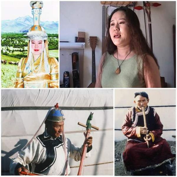La chanteuse Narantuya en tenue de scène (Photo 1) et interprétant un chant long (Photo 2). Morin huur Dashdorj zahtcin (Photo 3). Narantsogt, joueur de flûte droite tsuur (Photo 4) - © Alain Desjacques )