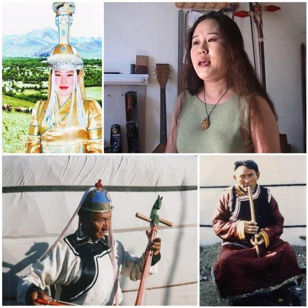 La chanteuse Narantuya en tenue de scène (Photo 1) et interprétant un chant long (Photo 2). Morin huur Dashdorj zahtcin (Photo 3). Narantsogt, joueur de flûte droite tsuur (Photo 4) - © Alain Desjacques )