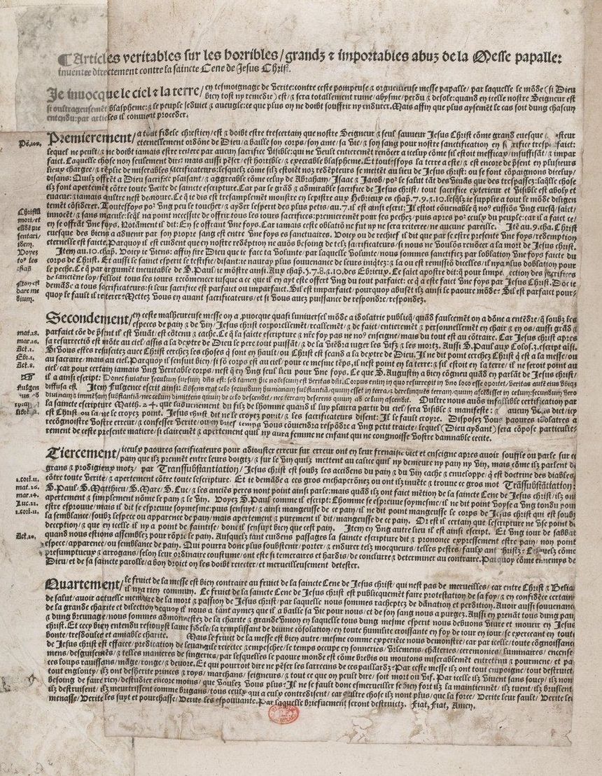 "Articles veritables sur les horribles / grands et importants abus de la messe papale" de F.A. Marcourt - 1534