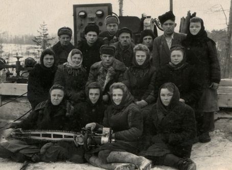 Une brigade de travail à la coupe de bois avec une scie électrique, 1952