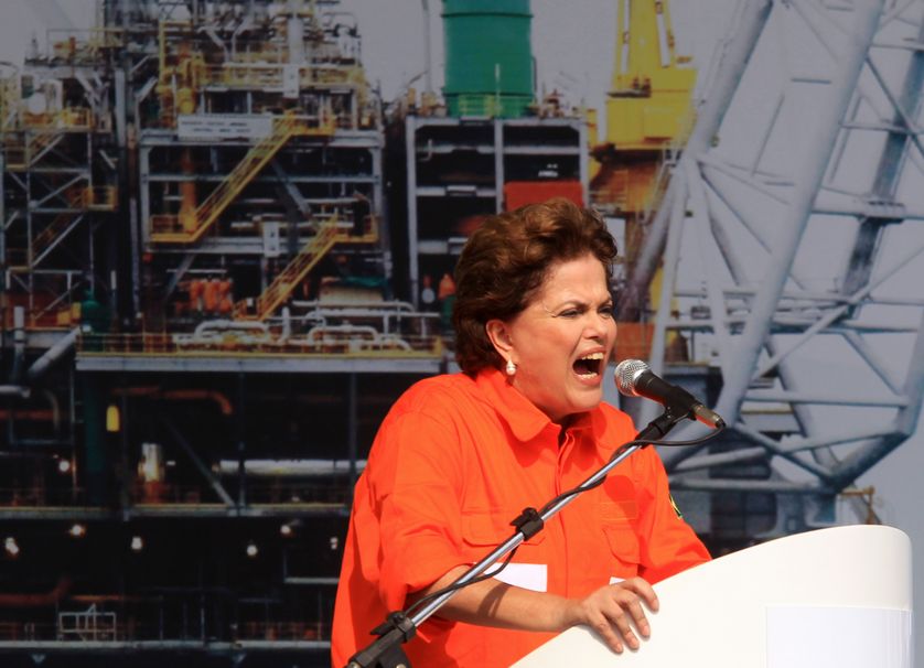 Brazil's President Dilma Rousseff delivers a speech during the opening ceremony of Brazilian oil giant Petrobras' P-56 oil rig.
