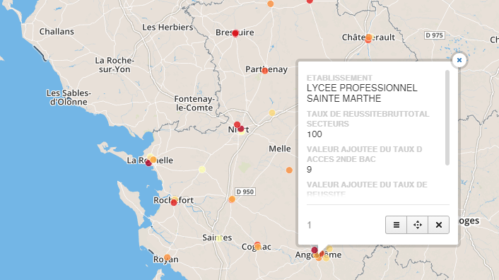 Carte des lycées de l'académie de Poitiers classés par leur taux de réussite au Bac