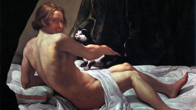 Giovanni Lanfranco Jeune homme nu sur un lit avec un chat, 1620-1622 Huile sur toile, 113 x 160 cm Angleterre