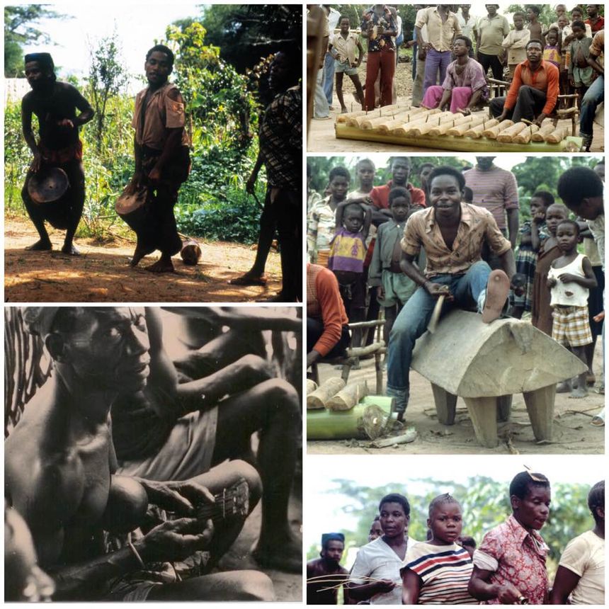 De haut en bas et de gauche à droite : Pygmées Efe © Didier Demolin - Elanga Nkake © Benoît Quentin - Xylophone Zande © Didier Demolin - Tambour à fente Mangbetu © Didier Demolin - Femmes Efe © Didier Demolin