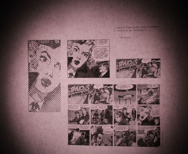 Planches de Ted Benoît dans l'installation des bandes fantômes au Pulp Festival