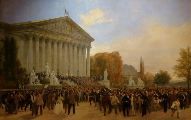 Annonce de l'abolition du régime impérial devant le palais du corps législatif à Paris le 04/09/1870 par J. Didier et J. Guiaud