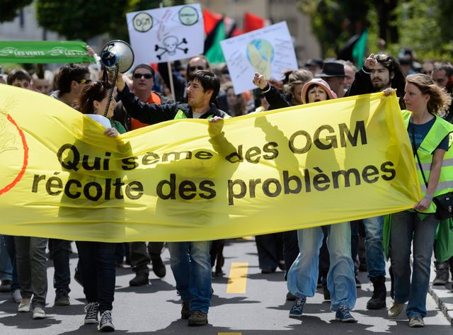 Devant le siège européen de Monsanto à Morges, en Suisse.