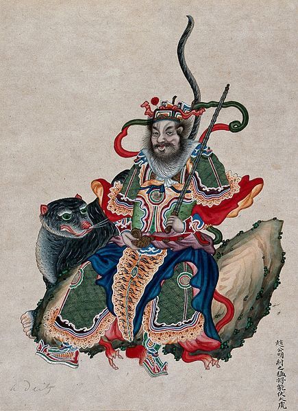 A Chinese deity with sword accompanied by a tiger. Gouache