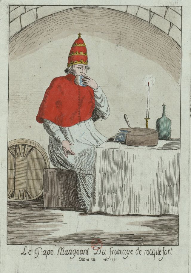 Scène satirique : Le Pape mangeant du fromage de rocquefort - 1791
