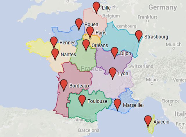 Carte des régions et capitales régionales (juillet 2016)