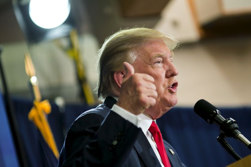Donald Trump, candidat à l'investiture républicaine, lors d'un meeting à Laconia, New Hampshire