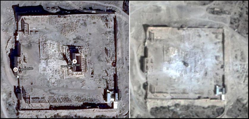 Le temple de Bêl, à Palmyre, en Syrie, avant et après sa destruction par Daech en août 2015