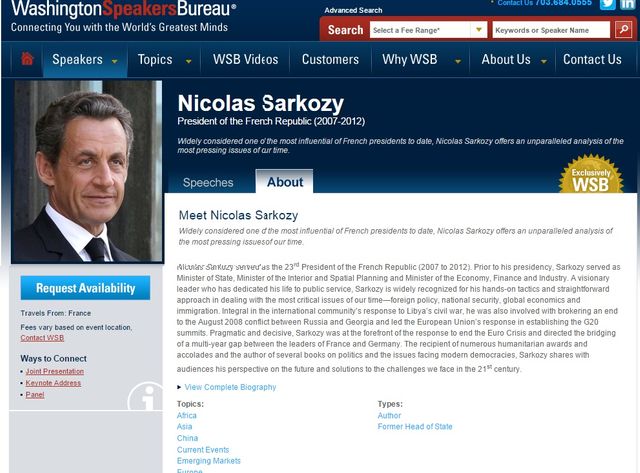 Capture d’écran du site Washington Speakers Bureau, l’agence qui gère les prestations de Nicolas Sarkozy