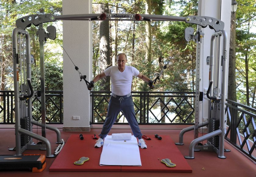 Russian President Vladimir Putin exercises in a gym at the Bocharov Ruchei state residence in Sochi.