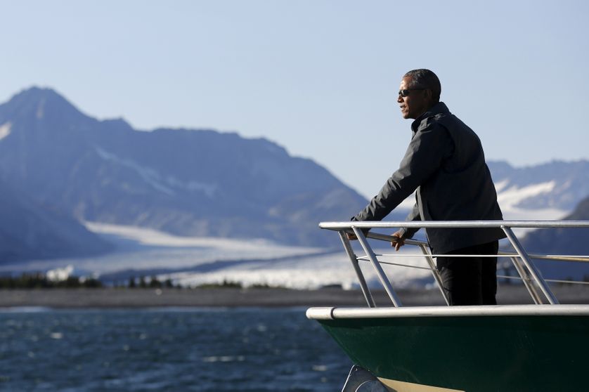 U.S. President Barack Obama views Bear Glacier on a boat tour of Kenai Fjords National Park in Seward, Alaska.