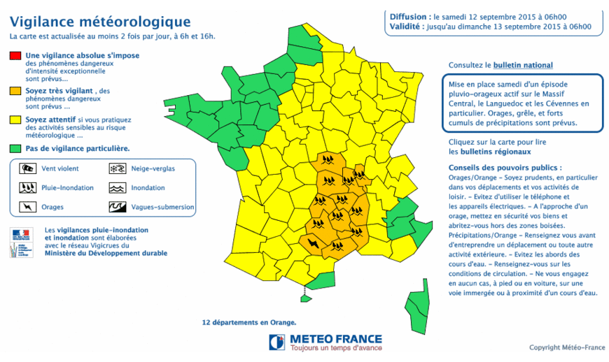 12 départements en alerte orange face aux orages ce 12 septembre 2015.