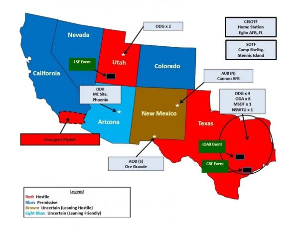Carte des territoires de l'opération Jade Helm 15