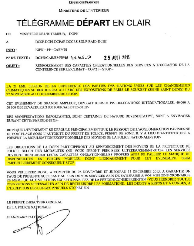 Note de la DGPN datée du 25 août 2015