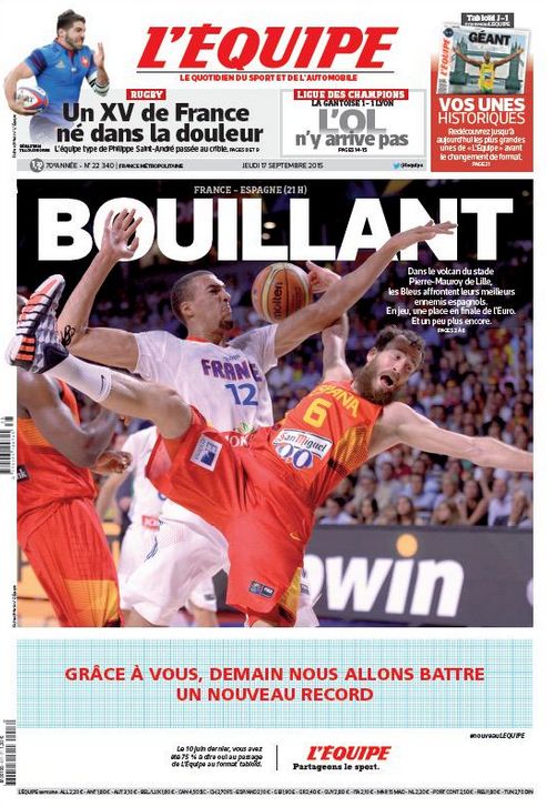 Une de l'Equipe du 17 septembre 2015. La dernière en grand format.