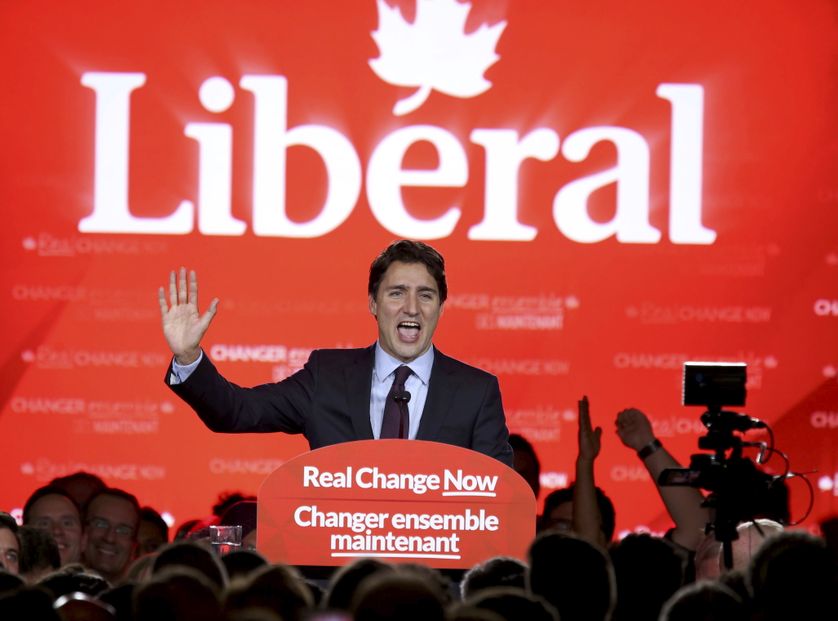 Liberal Party leader Justin Trudeau gives his victory speech after Canada's federal election in Montreal.